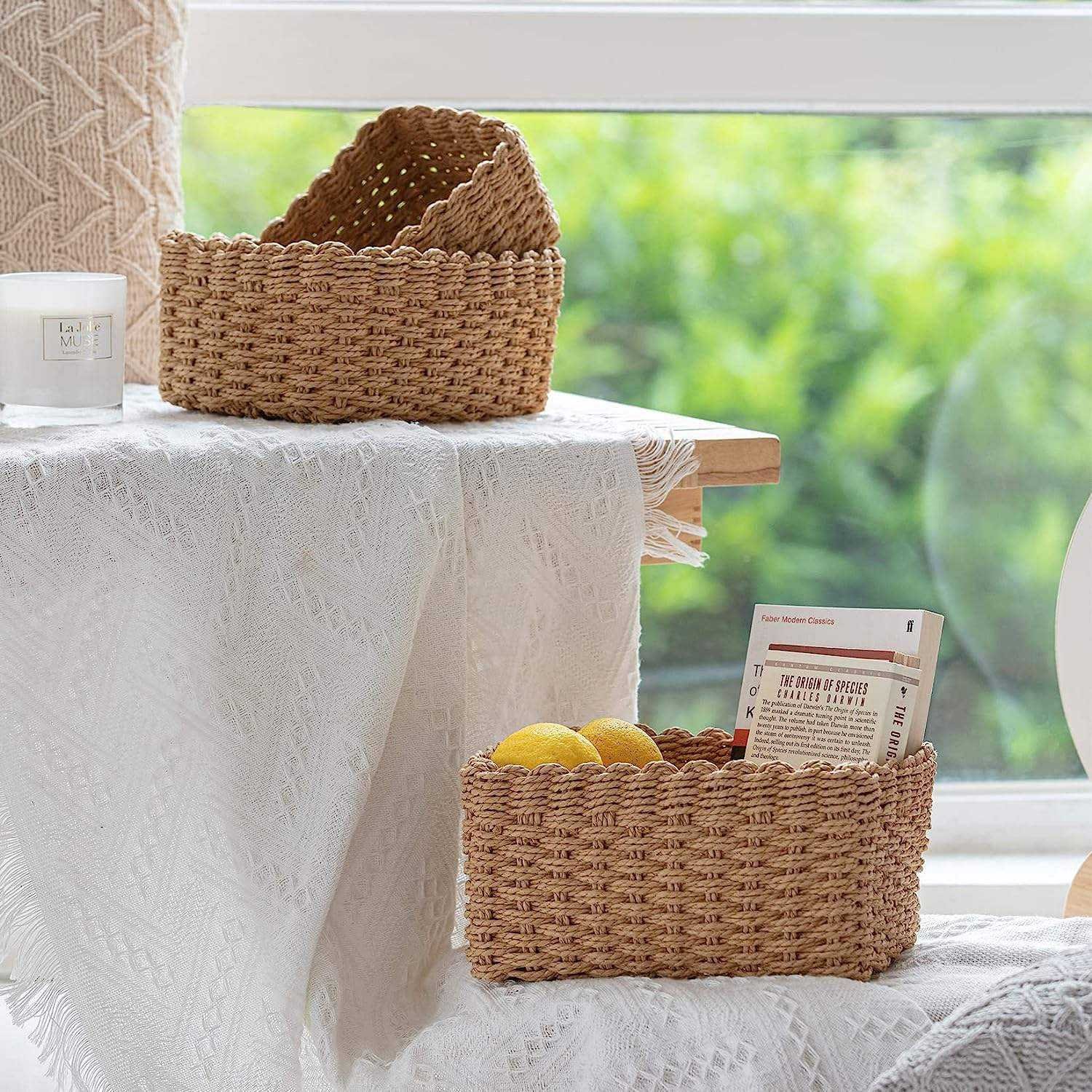 Woven Wicker Storage Baskets Paper Rope Storage Boxes Bin Organizer Divider For Cupboards Drawer Closet Dresser