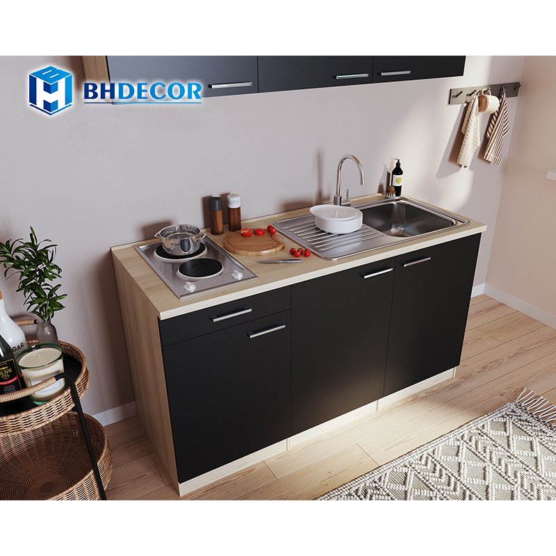 Kitchen Cupboard Set 1.5 M One Wall Modern Mini Small Kitchen Cabinets With Doors And Burner Stove Sink Bar And Refrigerator