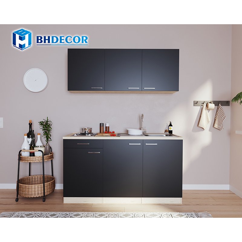 Kitchen Cupboard Set 1.5 M One Wall Modern Mini Small Kitchen Cabinets With Doors And Burner Stove Sink Bar And Refrigerator