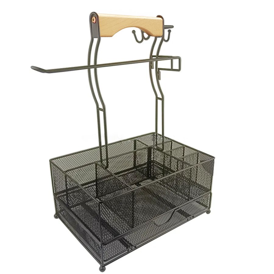 Portable BBQ Caddy with Drawer and Paper Towel Holder Grill Utensil Organizer Picnic Condiment Caddy
