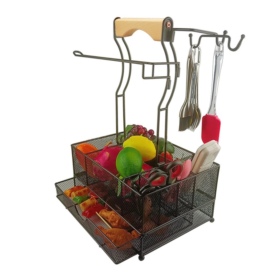 Portable BBQ Caddy with Drawer and Paper Towel Holder Grill Utensil Organizer Picnic Condiment Caddy