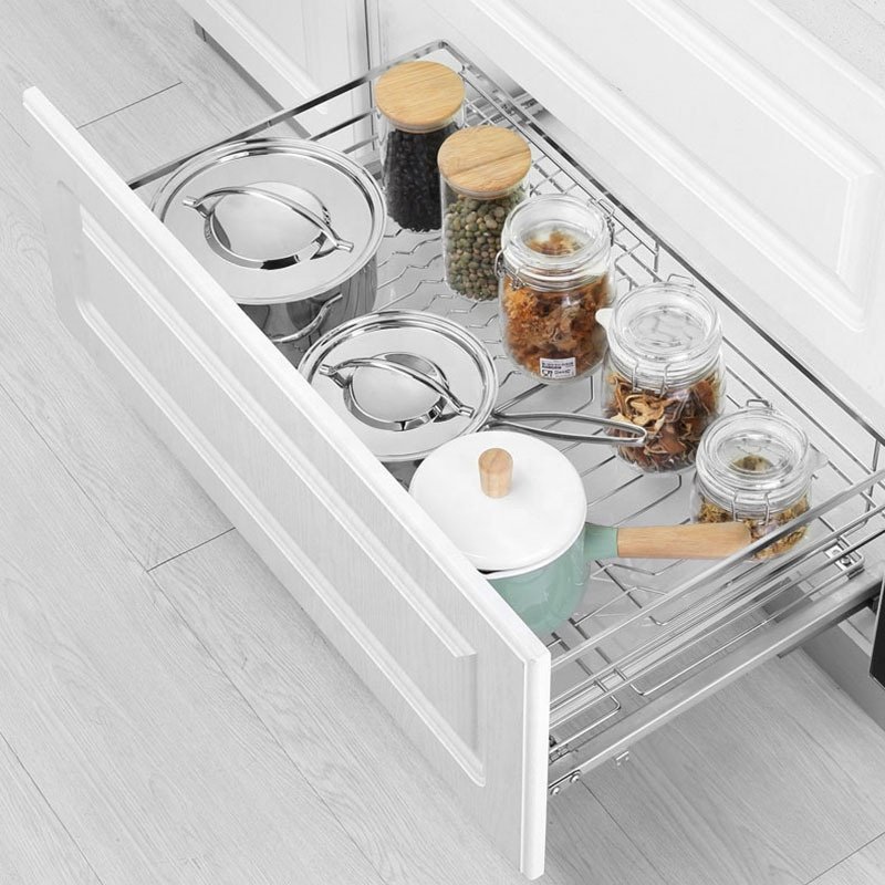 2 Pcs Pull-Out Wire Baskets Kitchen Base Larder Units Storage Organiser Rack Cabinet Pull-Out 2-Tier Bowl Dish Rack Pull Basket