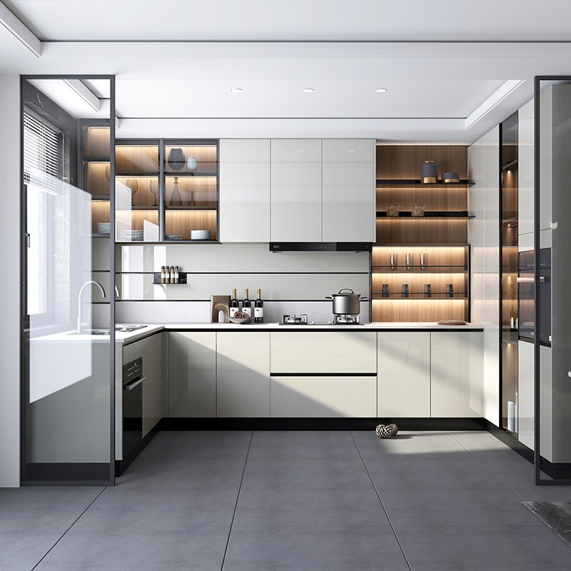 With Melamine Finish Laminate L Shape American White Cabinet Kitchen Cabinets Modern E1 Apartment Plywood Kitchen Lacquer