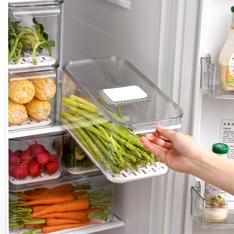 3 Piece Stackable Fridge Freezer Organizer Produce Food Saver, Fresh Keeper Drawer Bin Basket with Removable Drain Tray