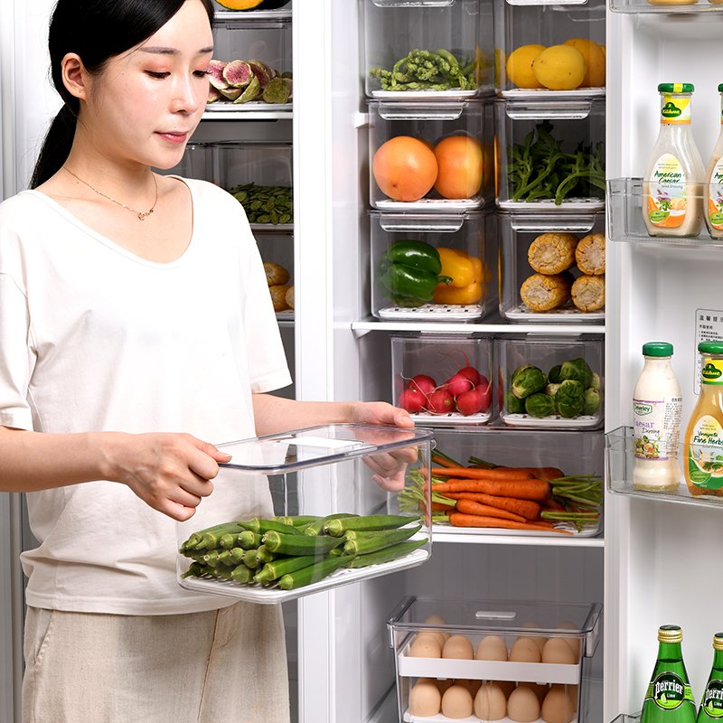 3 Piece Stackable Fridge Freezer Organizer Produce Food Saver, Fresh Keeper Drawer Bin Basket with Removable Drain Tray