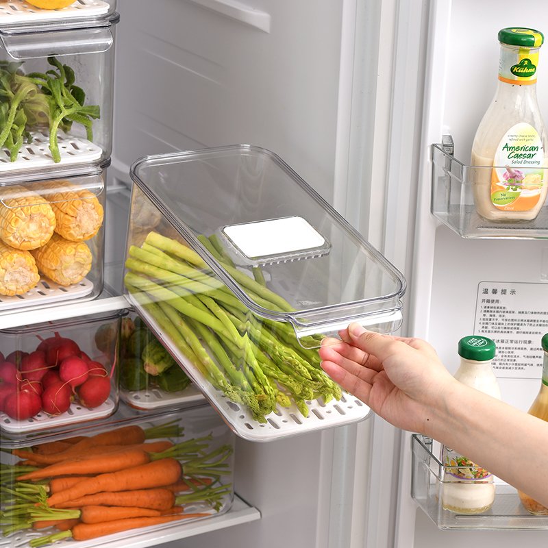 3 Piece Stackable Fridge Freezer Organizer Produce Food Saver, Fresh Keeper Drawer Bin Basket with Removable Drain Tray
