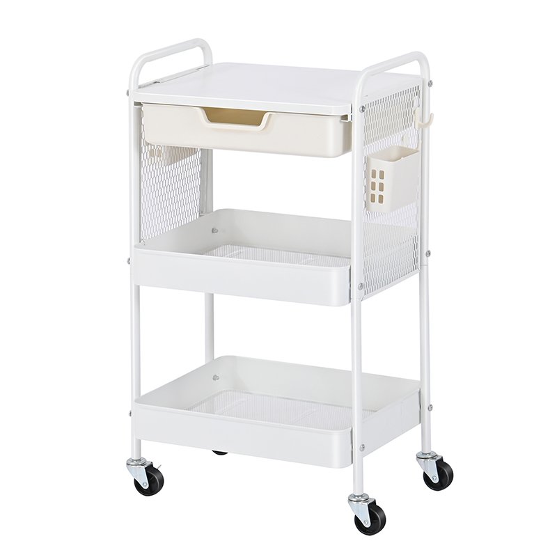 WIREKING Factory Metal Office 3 Tier Organizer Storage Cart Small Multi Purpose Rolling Serving Utility Trolley With Pp Drawers