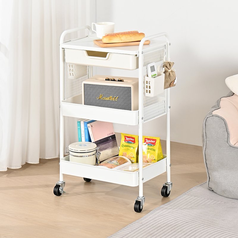 WIREKING Factory Metal Office 3 Tier Organizer Storage Cart Small Multi Purpose Rolling Serving Utility Trolley With Pp Drawers