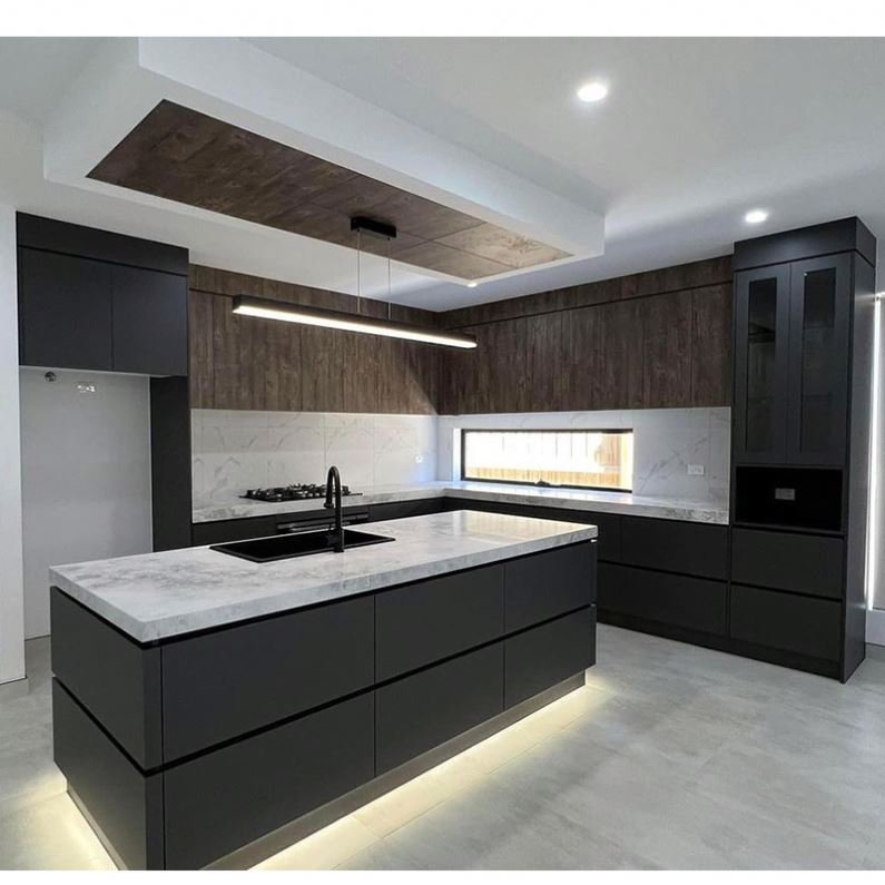 Guangdong Furniture Blue Kitchen Cabinets Perabot Dapur Kitchen Cabinets With Clean Handle-Less Look