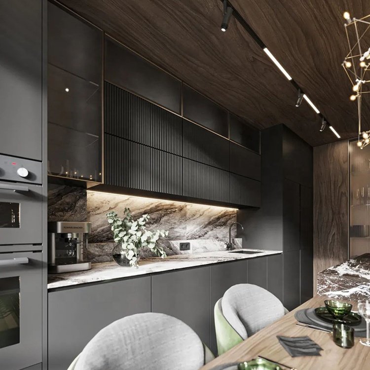 Kitchen Furniture Assembled Luxury Black Wooden Kitchen Cabinet Cupboard Foshan
