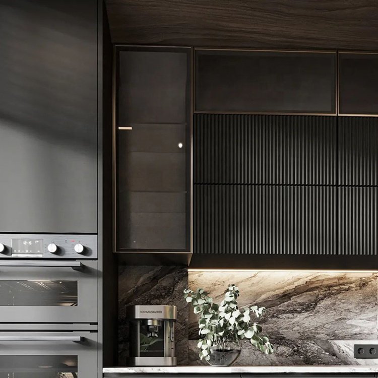 Kitchen Furniture Assembled Luxury Black Wooden Kitchen Cabinet Cupboard Foshan