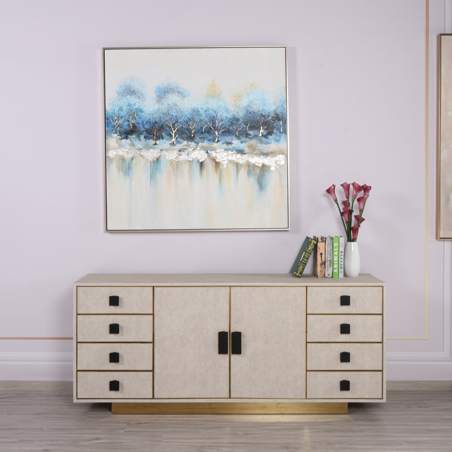 Beige leather Chest of Drawers Storage Unit Wicker Baskets Dark Wood Cabinet