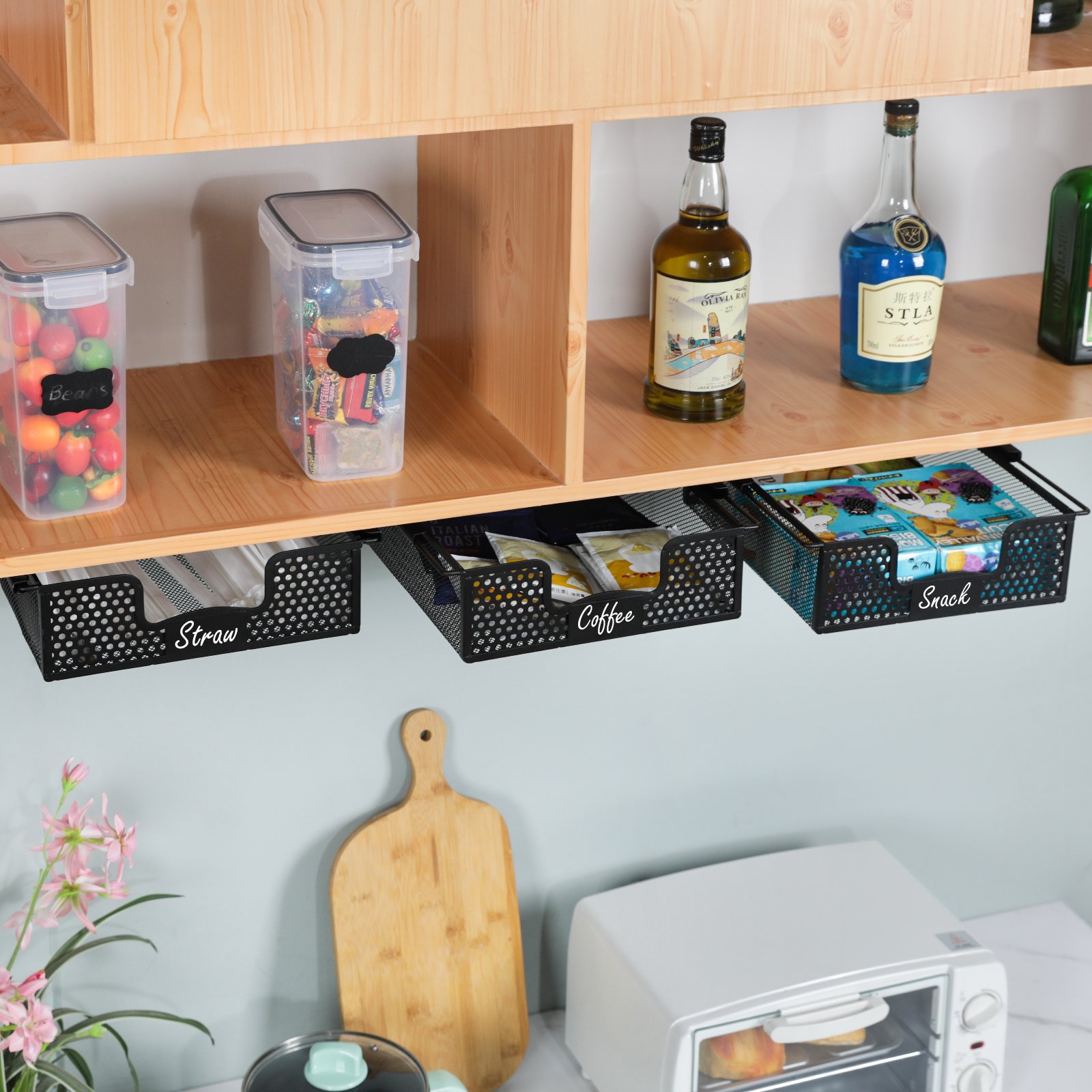 Kitchen Counter Pantry Cupboard 3 Pack Hanging Pullout Drawer Basket Under Cabinet Storage Organizer Wire Basket