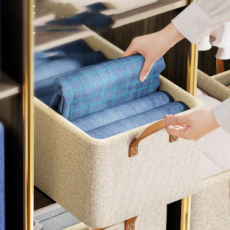 DS4086 Drawer Type Storage Bins with Metal Frame Foldable fabric storage baskets with Handles Wardrobe Storage Box for Clothes
