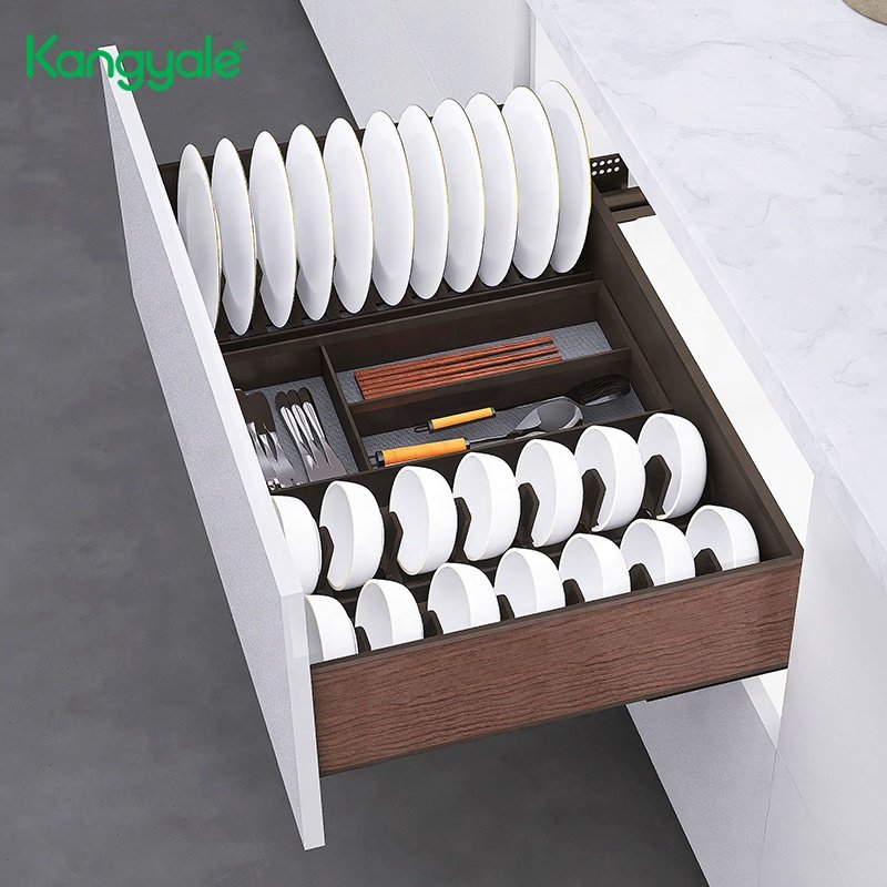 Kangyale Kitchen Organization Dishes Storage Basket Metal Pull Out Tableware Storage Rack Slide Pull Out Drawer Basket