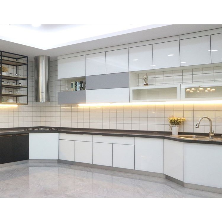 Modern style kitchen cabinet set design custom made u shape high gloss painting lacquer pink kitchen cabinets for sale