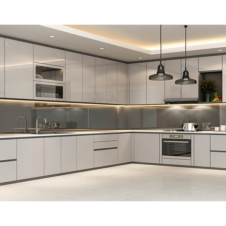Modern style kitchen cabinet set design custom made u shape high gloss painting lacquer pink kitchen cabinets for sale
