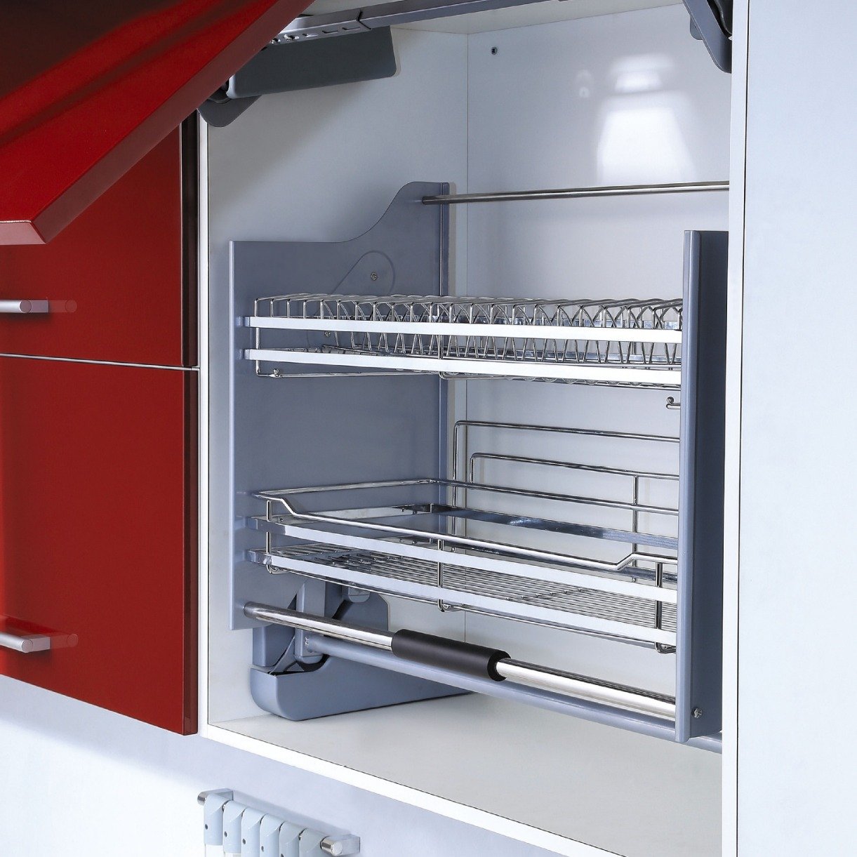 TKK Kitchen Cabinet Fitting Cabinet Basket Wire Drawer Basket Iron or Stainless Steel Elevator Pull down Basket with Soft-Stop