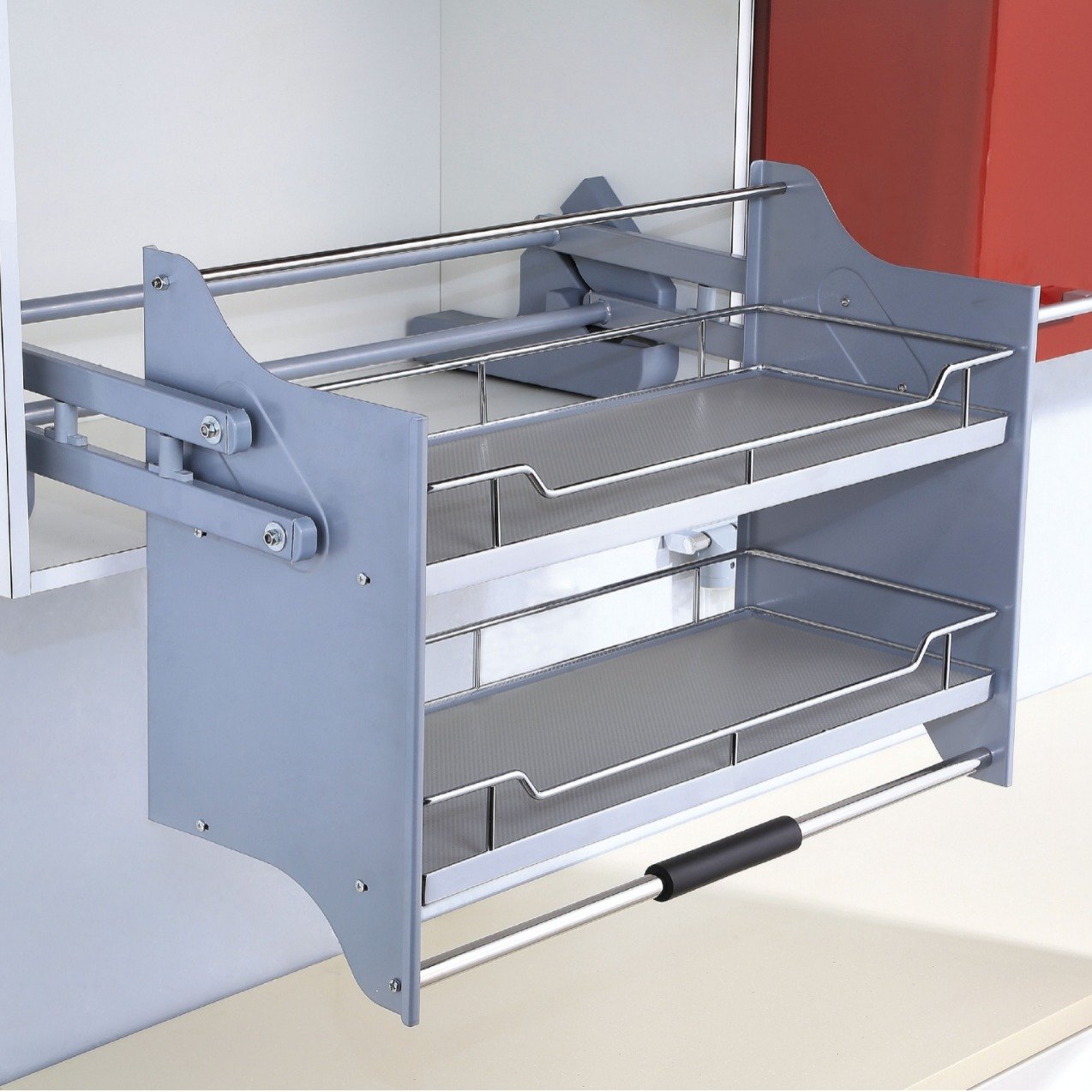 TKK Kitchen Cabinet Fitting Cabinet Basket Wire Drawer Basket Iron or Stainless Steel Elevator Pull down Basket with Soft-Stop