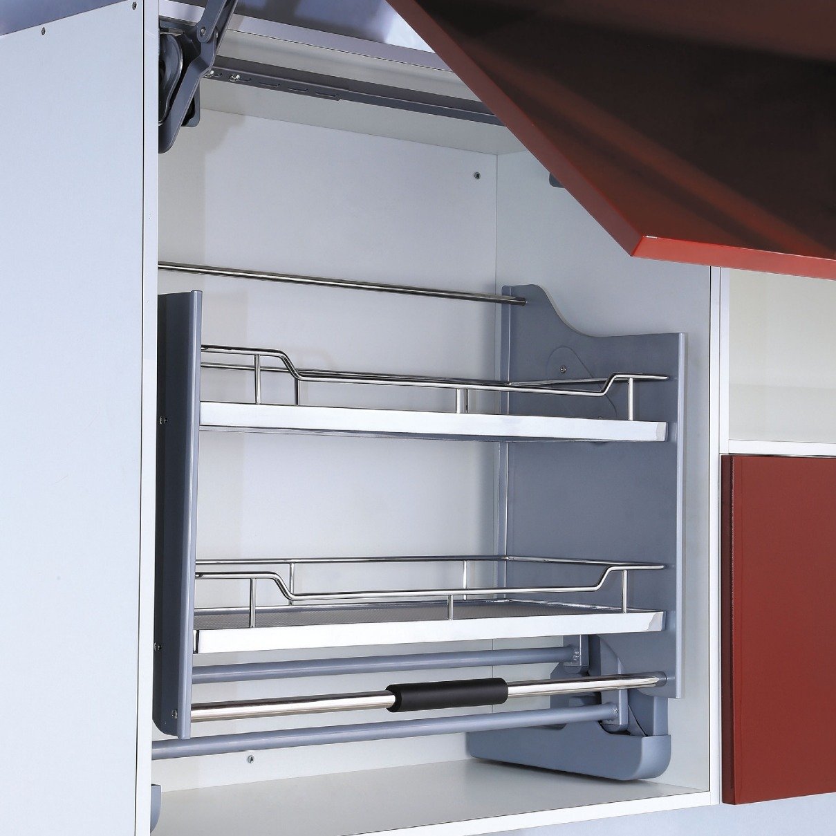 TKK Kitchen Cabinet Fitting Cabinet Basket Wire Drawer Basket Iron or Stainless Steel Elevator Pull down Basket with Soft-Stop