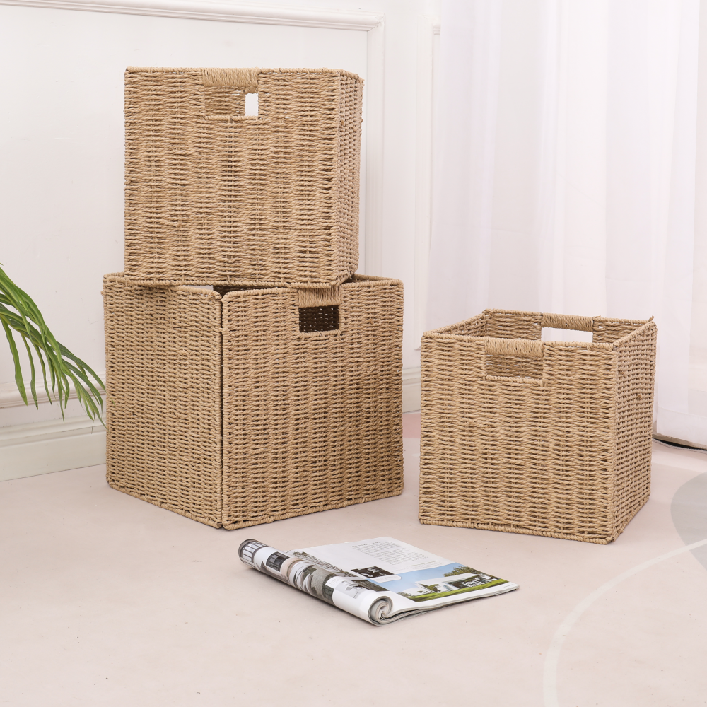 Beaufy Foldable Storage Basket Rattan Paper Rope Woven Toy Organizer Box Fabric/Cloth Sundries Snack Drawer for Clothing Storage