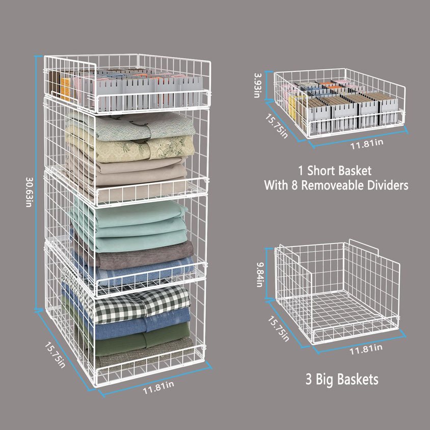 Hot sale Closet Organizers Storage Shelves Foldable Stackable Storage Bins Organizer wire Baskets Drawers for 4 pack white