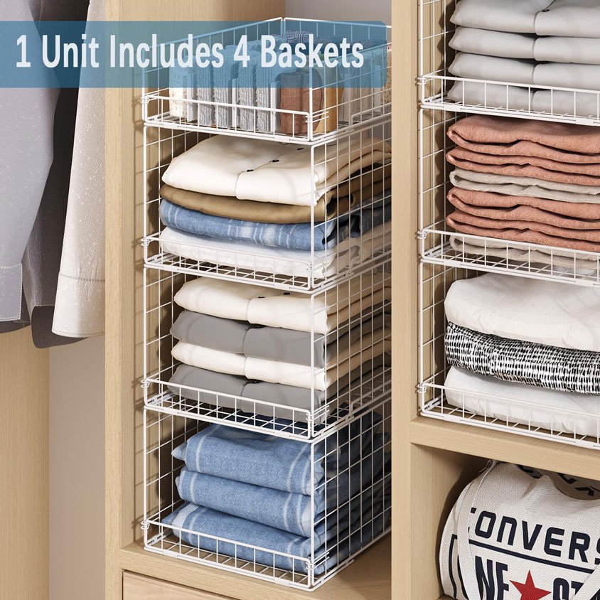 Hot sale Closet Organizers Storage Shelves Foldable Stackable Storage Bins Organizer wire Baskets Drawers for 4 pack white