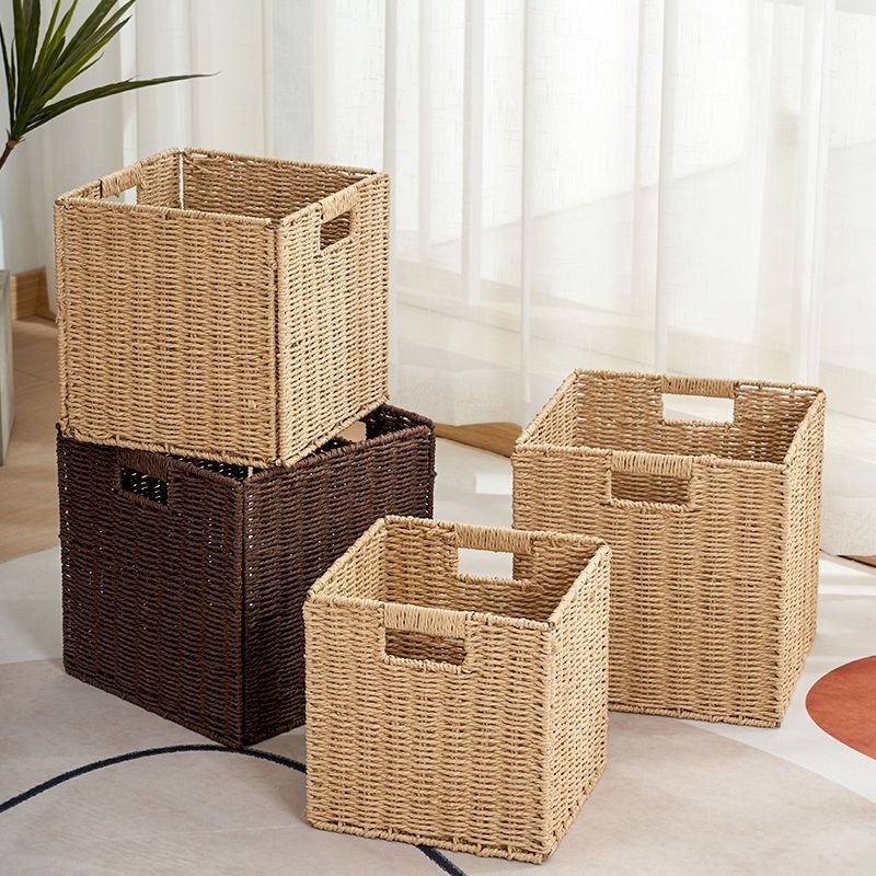 Beaufy rattan paper rope woven folding storage basket drawer toys organizer box Foldable snack sundries storage basket