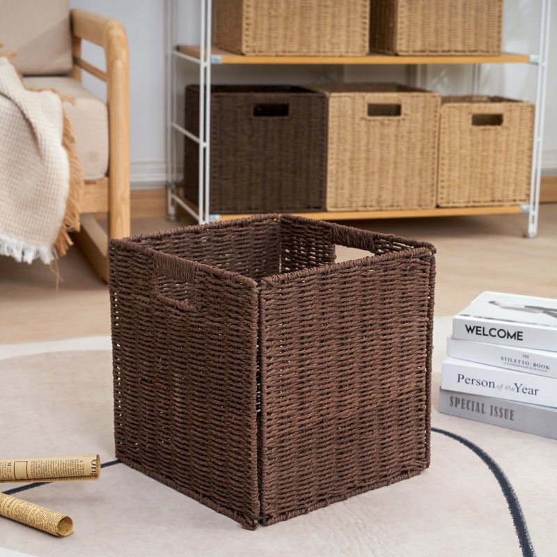 Beaufy rattan paper rope woven folding storage basket drawer toys organizer box Foldable snack sundries storage basket