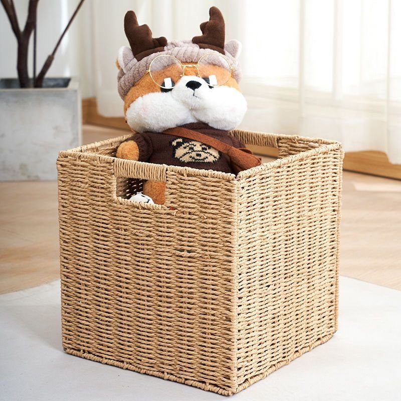 Beaufy rattan paper rope woven folding storage basket drawer toys organizer box Foldable snack sundries storage basket