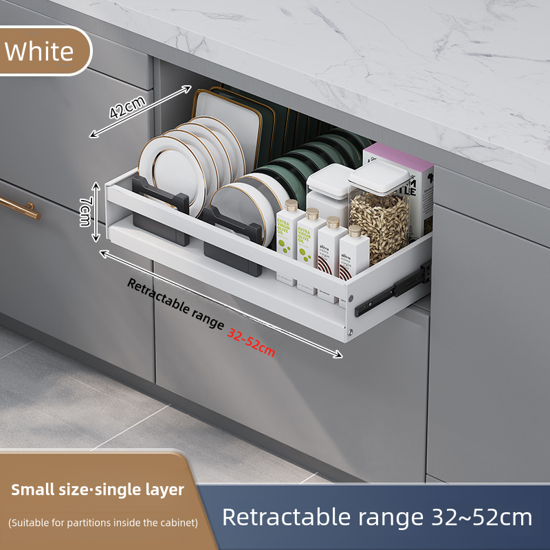 Pull-out cabinets organize extended slide-out drawers and secure to bonded film storage shelves in kitchen bottom cabinets