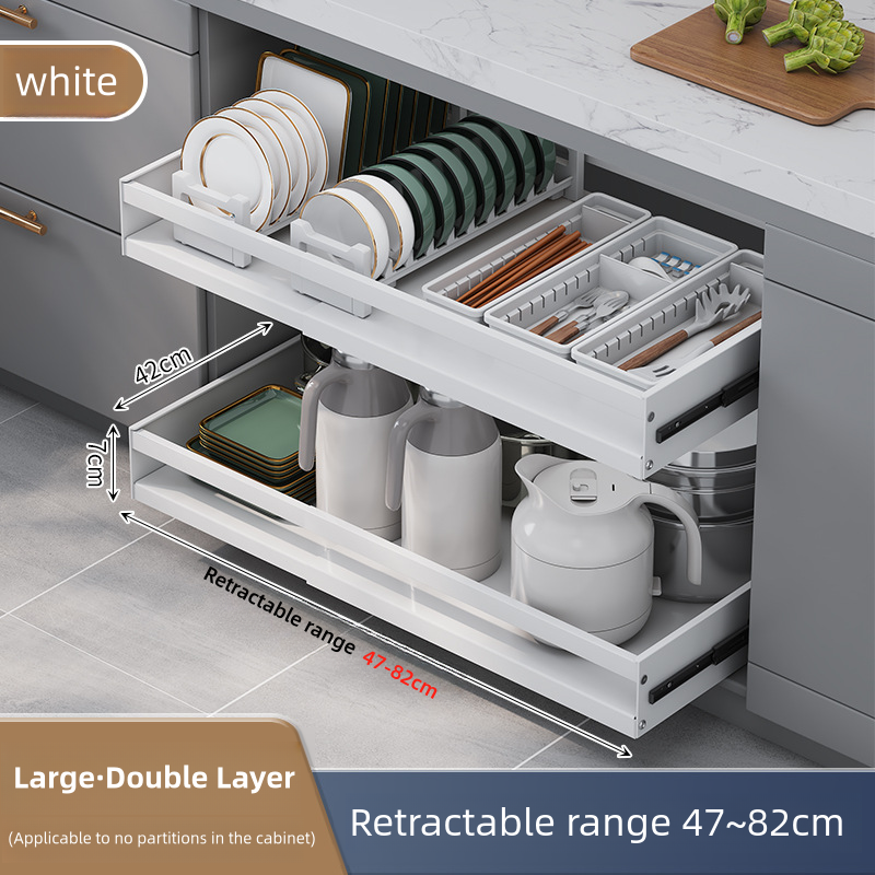 Pull-out cabinets organize extended slide-out drawers and secure to bonded film storage shelves in kitchen bottom cabinets