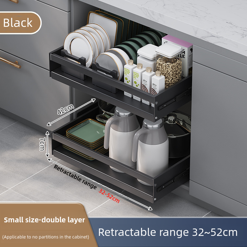Pull-out cabinets organize extended slide-out drawers and secure to bonded film storage shelves in kitchen bottom cabinets