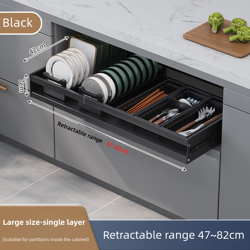 Pull-out cabinets organize extended slide-out drawers and secure to bonded film storage shelves in kitchen bottom cabinets
