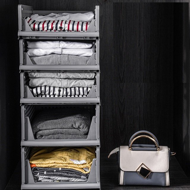 Stackable Plastic Drawer Organizer Foldable Clothes Shelf Baskets Containers Bins Cubes for Wardrobe
