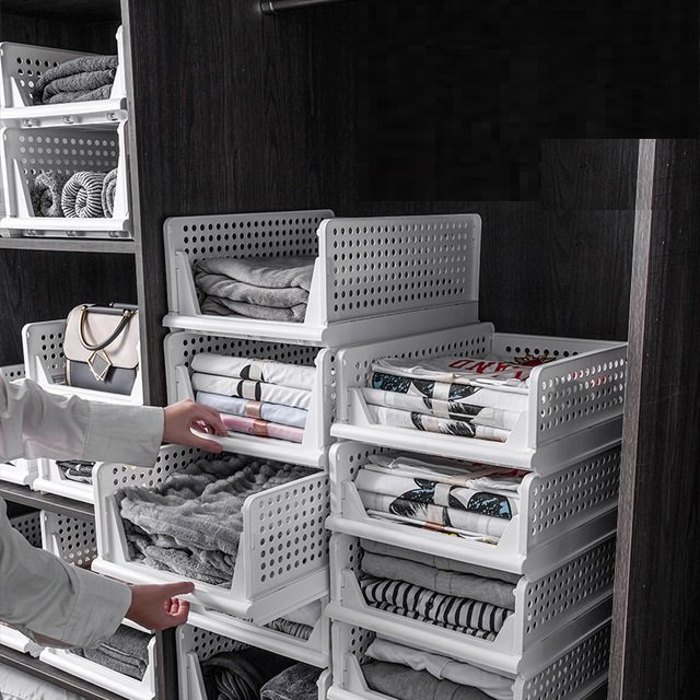 Stackable Plastic Drawer Organizer Foldable Clothes Shelf Baskets Containers Bins Cubes for Wardrobe