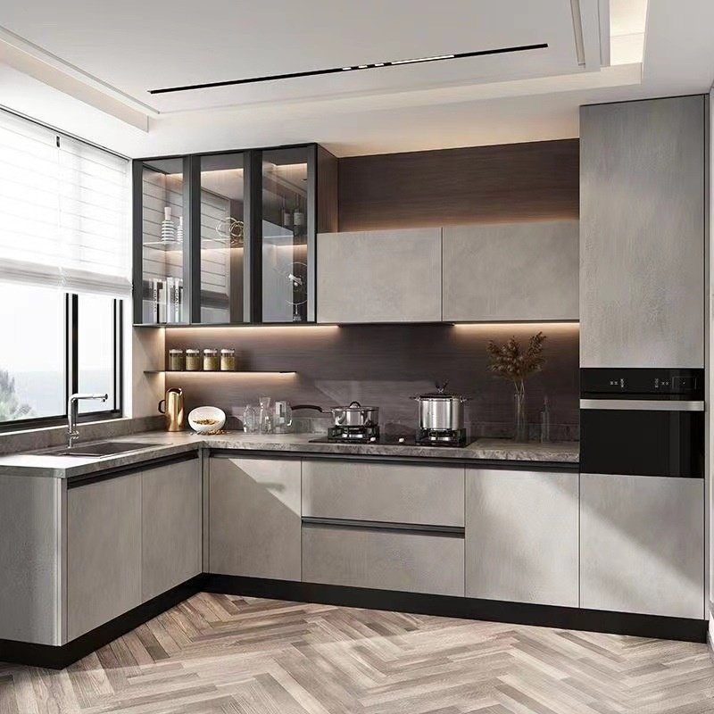 Overall Customized Cabinet Set Wood Grain Kitchen Cabinet Assembly Home Decoration