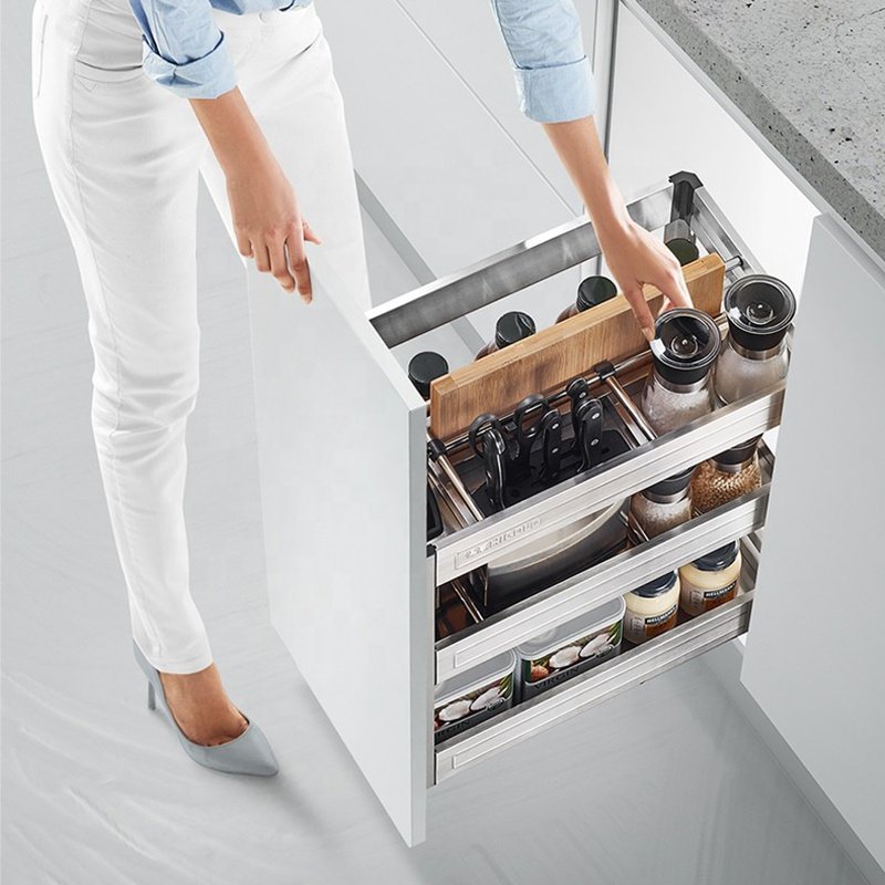 Home kitchen cabinets Double drawer stainless steel built-in storage basket