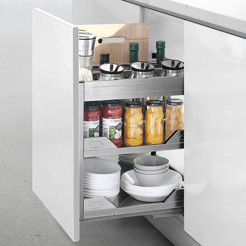 Home kitchen cabinets Double drawer stainless steel built-in storage basket