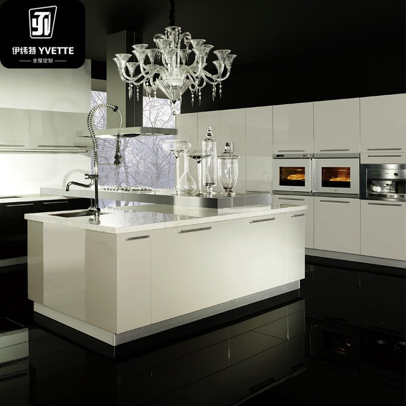 Modern Style Kitchen Cabinets Wooden White Black Design MDF Style Solid Surface Marble Countertop Including Drawer Slide Basket