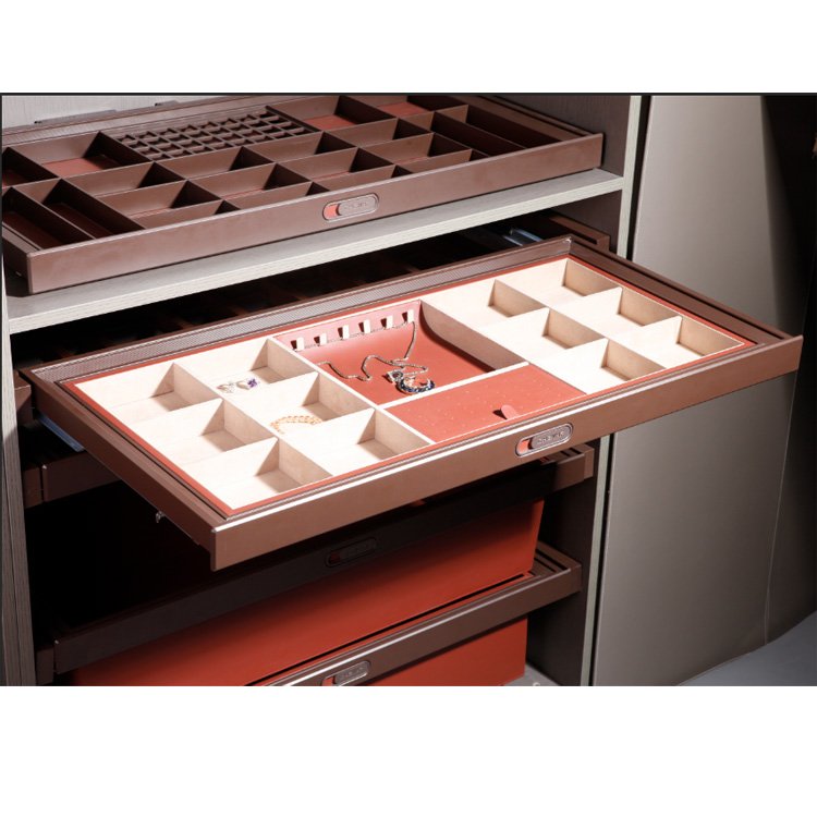 High Quality Aluminum Frame Sliding Pull Out Soft Close Leather Jewelry Box For Wardrobe