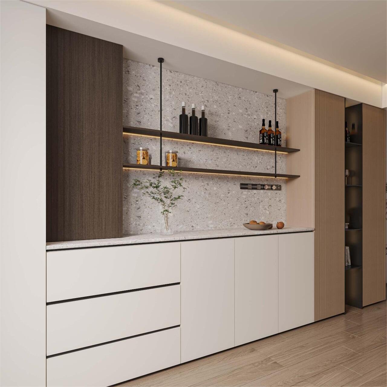 Modern Kitchen Cabinet with Tempered Glass Shelves Lacquer and Acrylic Door Panel Hinge Accessories
