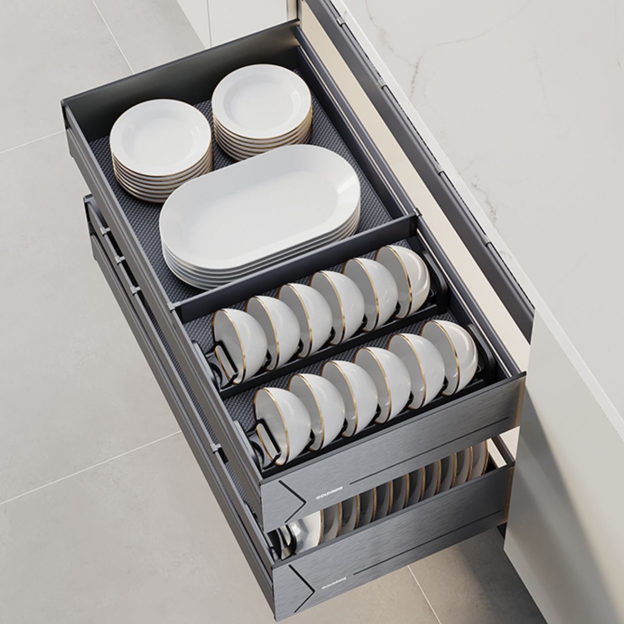 Goldmine 3 layers Kitchen Cabinet Interior Organizers Pull Out Dish Shelf Multi-function Cutlery Storage Drawer Basket
