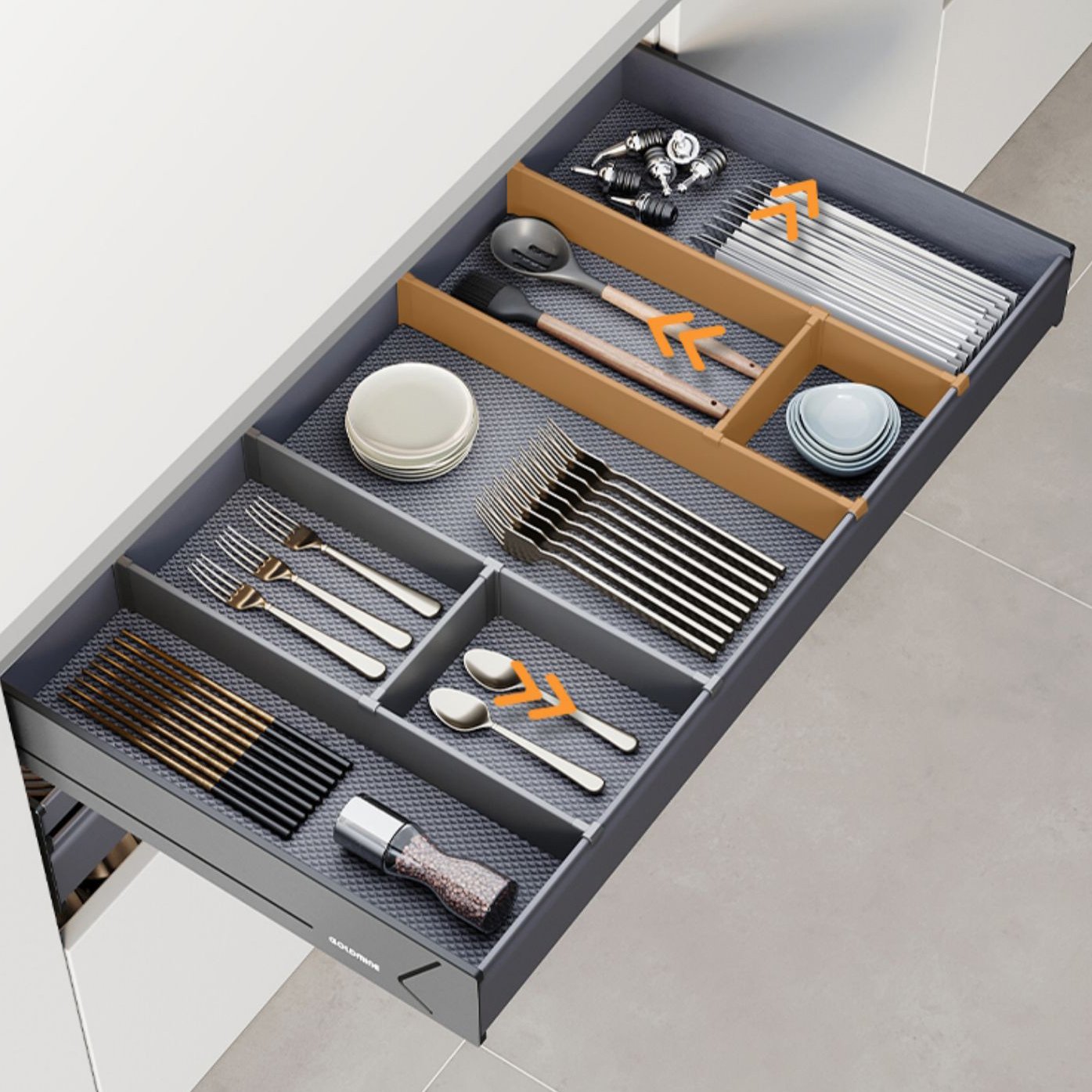 Goldmine 3 layers Kitchen Cabinet Interior Organizers Pull Out Dish Shelf Multi-function Cutlery Storage Drawer Basket