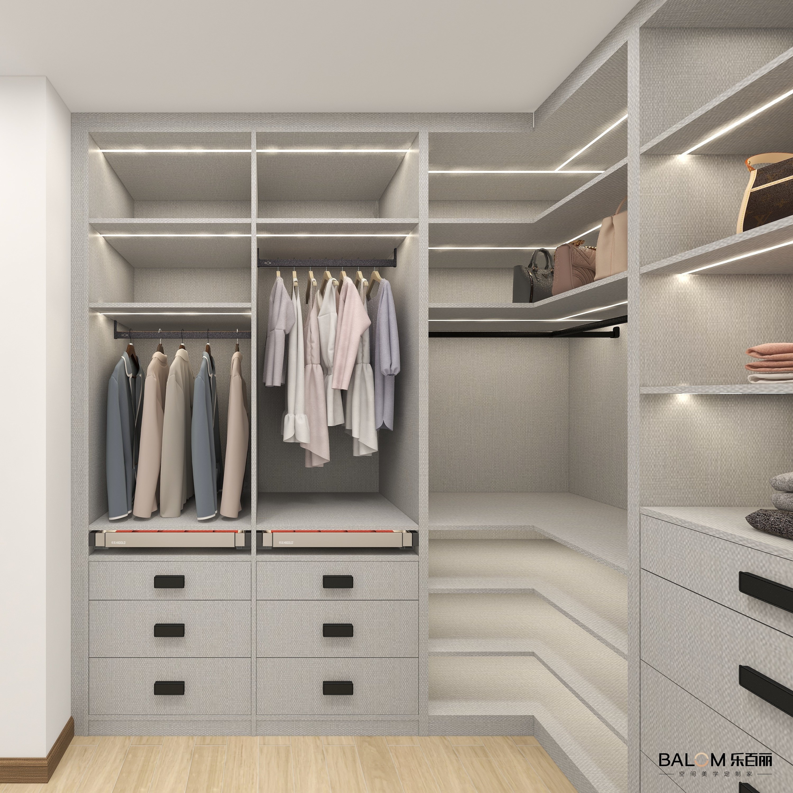 L Shape modern furniture laminated finish cupboard walk in closet wardrobes luxury for bedroom open wardrobe with LED light