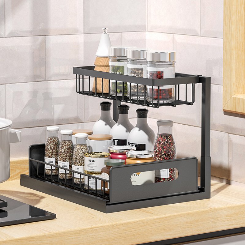 Multifunctional Storage Metallic Drawer Organizer Shelf Kitchen Basket Pull Out Accessories