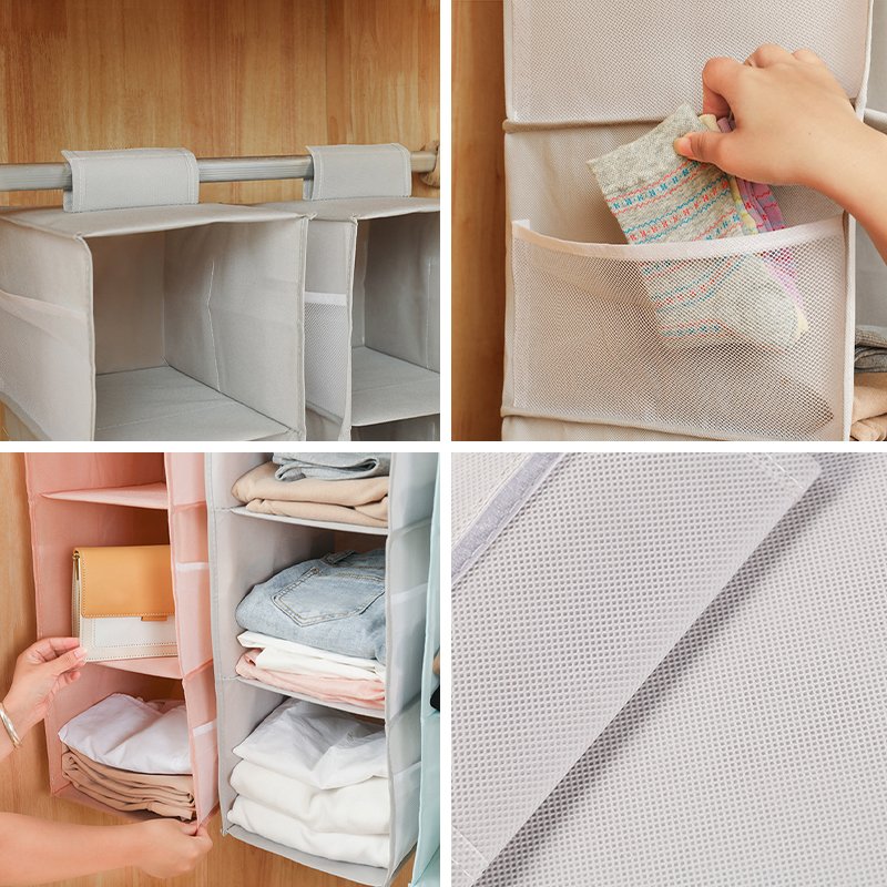 Foldable Non Woven Clothes Storage Box 4 Shelf Hanging Closet Organizer Pockets For Pillow Quilts Clothes
