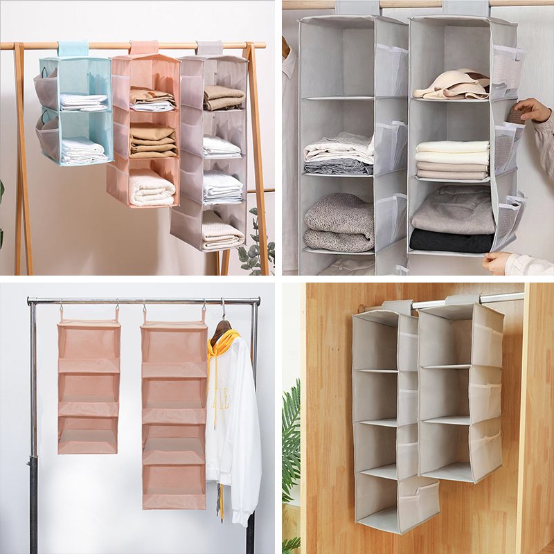 Foldable Non Woven Clothes Storage Box 4 Shelf Hanging Closet Organizer Pockets For Pillow Quilts Clothes