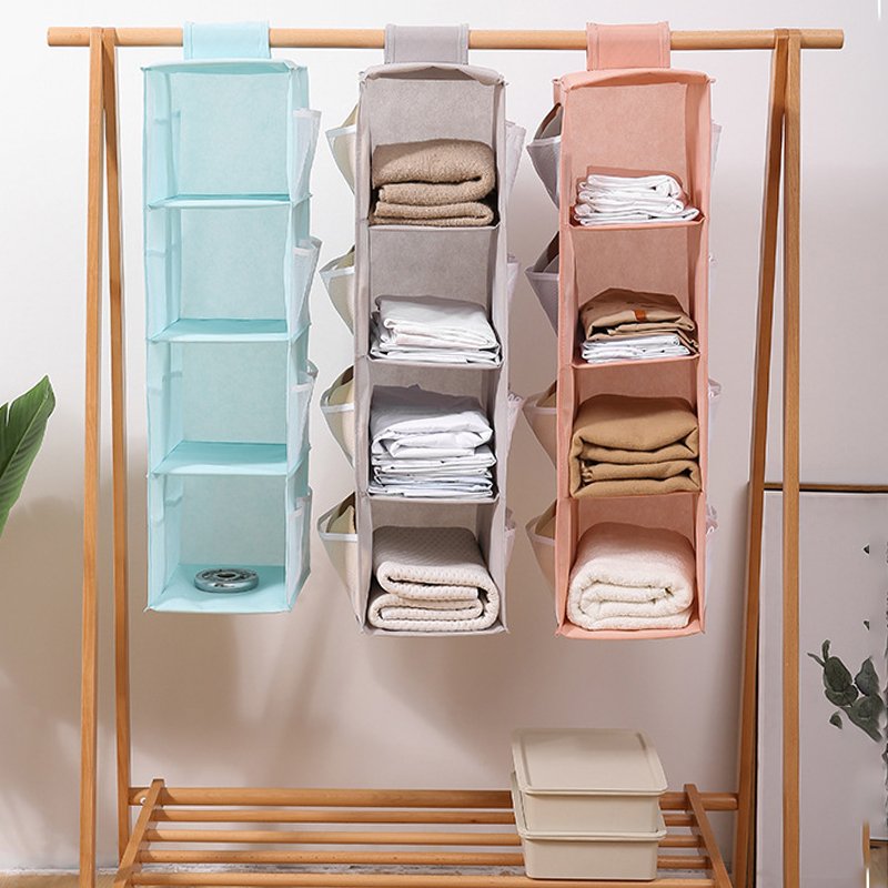 Foldable Non Woven Clothes Storage Box 4 Shelf Hanging Closet Organizer Pockets For Pillow Quilts Clothes