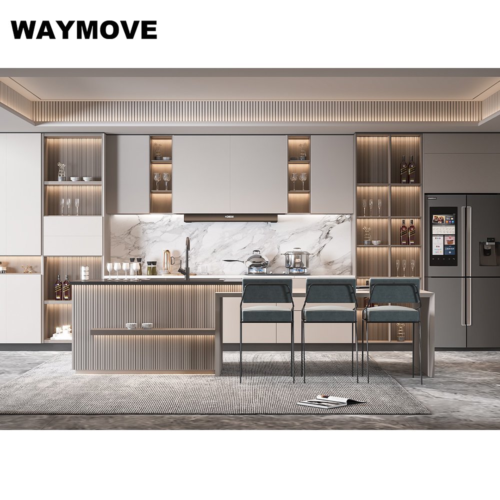 WAYMOVE Modern Grey Kitchen Cabinets Ready to Assemble Dove Grey with Lacquer Door Panel Surface and Hinge Includes Sink